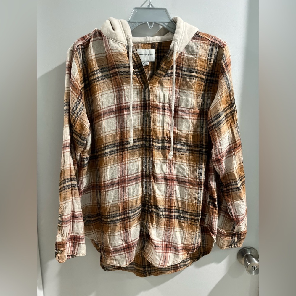 American Eagle Outfitters Plaid Flannel Hooded Shirt, OVERSIZED, size small - Picture 4 of 12